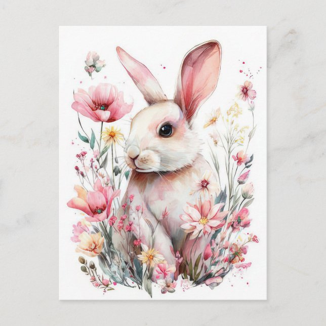 Easter Postcard with Flowers and Easter Bunny (Front)