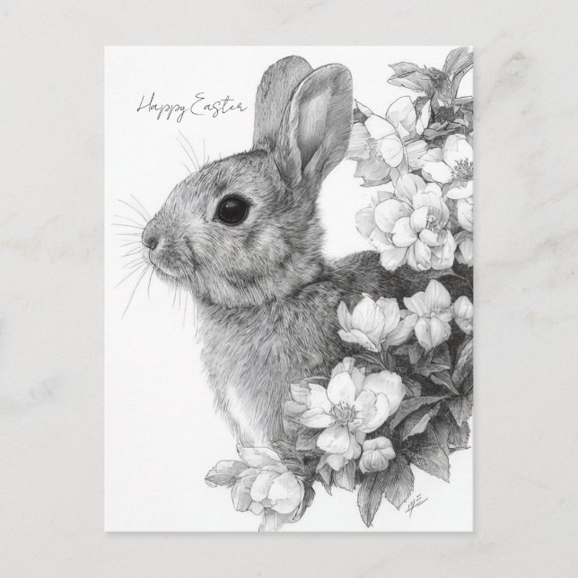 Easter Postcard with Flowers and Easter Bunny (Front)