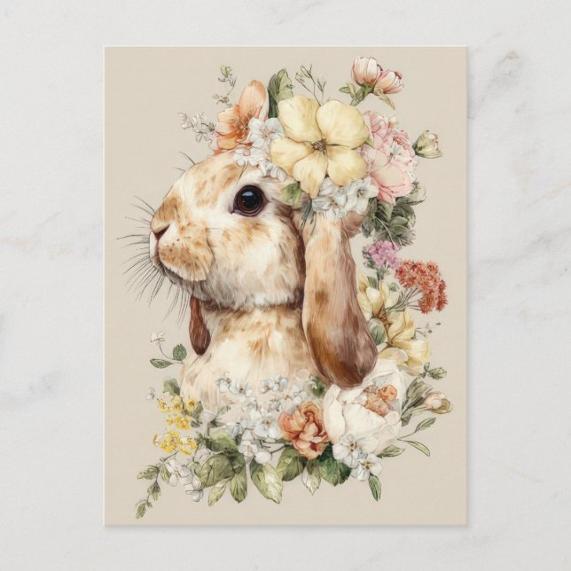 Easter Postcard with Flowers and Easter Bunny (Front)