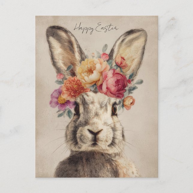Easter Postcard with Flowers and Easter Bunny (Front)