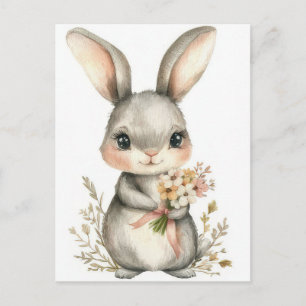 Easter Postcard with Flowers and Easter Bunny