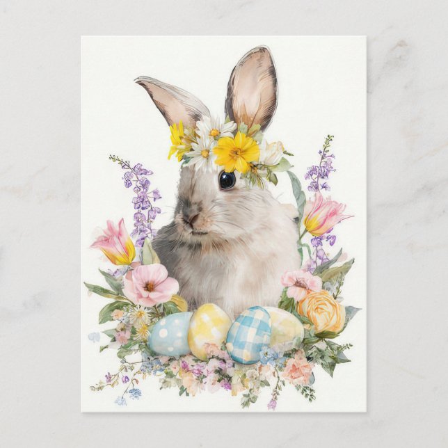 Easter Postcard with Flowers and Easter Bunny (Front)