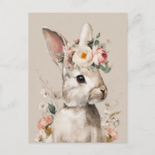 Easter Postcard with Flowers and Easter Bunny