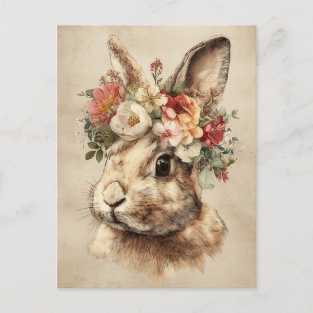 Easter Postcard with Flowers and Easter Bunny (Front)