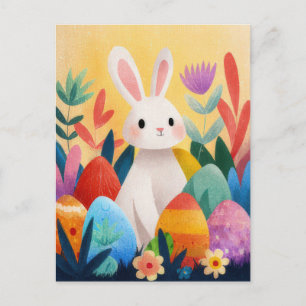 Easter Postcard with Flowers and Easter Bunny