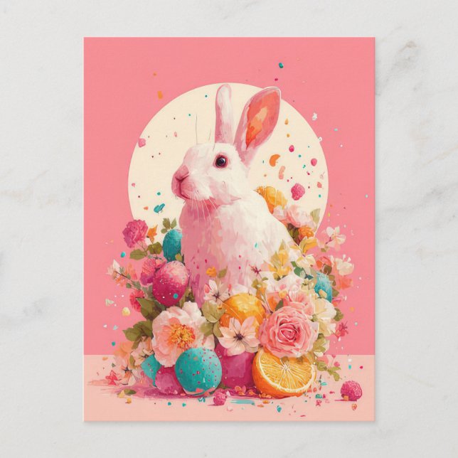 Easter Postcard with Flowers and Easter Bunny (Front)