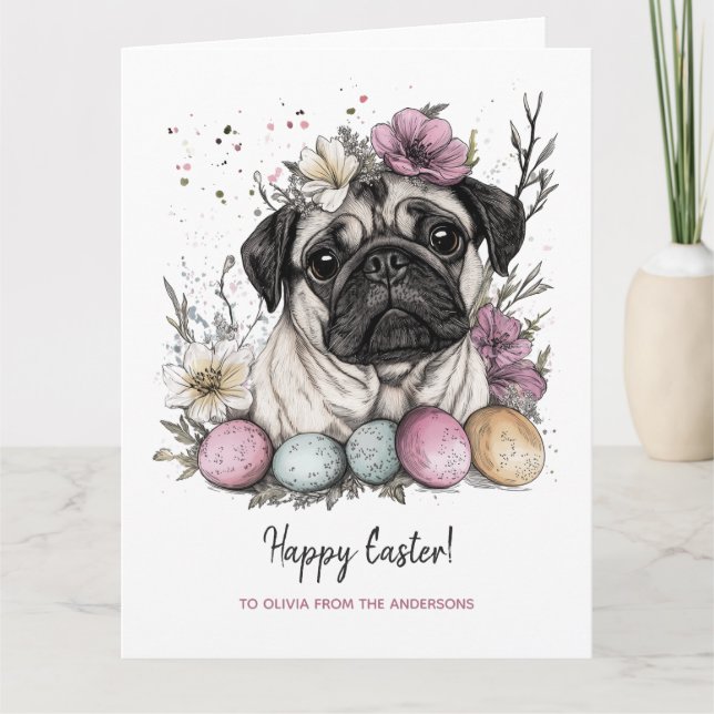 Easter pug cute rustic botanical floral  card (Front)