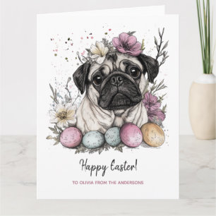 Easter pug cute rustic botanical floral  card