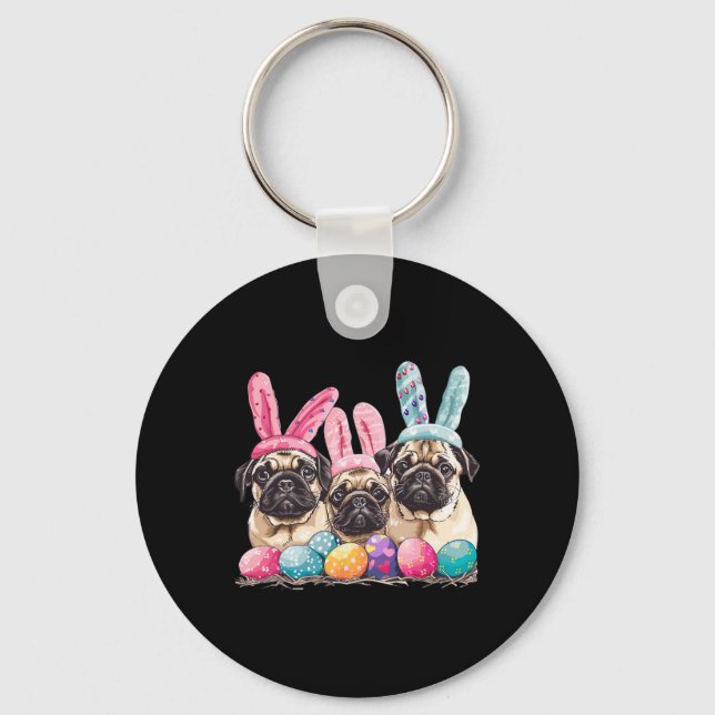 Easter Pug Dog Easter Pug Dog Bunny Ears Easter Eg Keychain (Front)