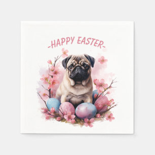 Easter Pug Dog - Eggs and Flowers - Napkin