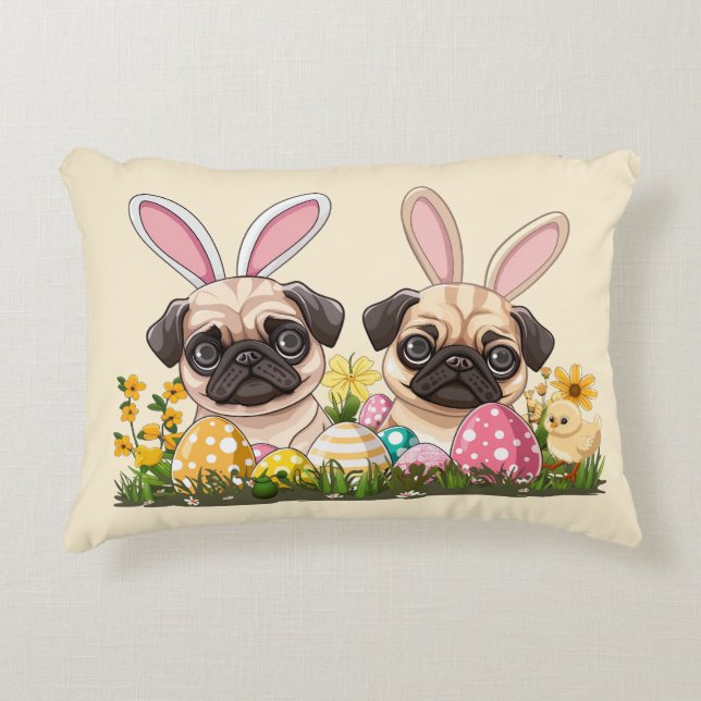 Easter Pug Dogs Bunny Ears Accent Pillow (Front)