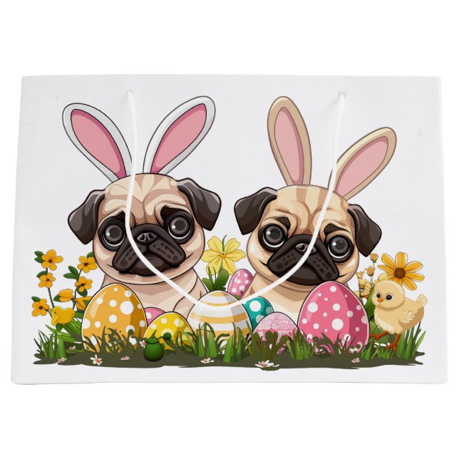 Easter Pug Dogs Bunny Ears Large Gift Bag (Front)
