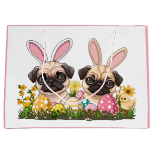 Easter Pug Dogs Bunny Ears Large Gift Bag