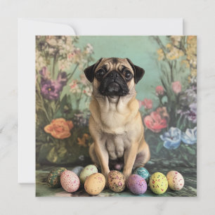 Easter pug rustic botanical floral chic holiday card