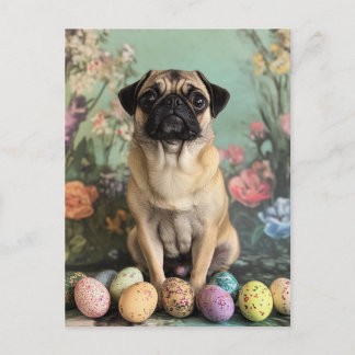 Easter pug rustic botanical floral chic holiday postcard