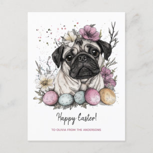 Easter pug rustic botanical floral  holiday postcard