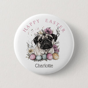 Easter pug watercolor floral  2 inch round button
