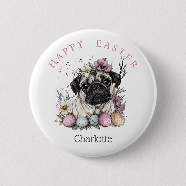 Easter pug watercolor floral  2 inch round button (Front)