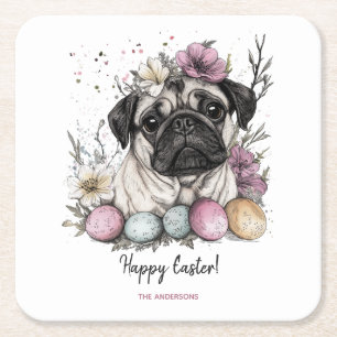 Easter pug watercolor floral  square paper coaster