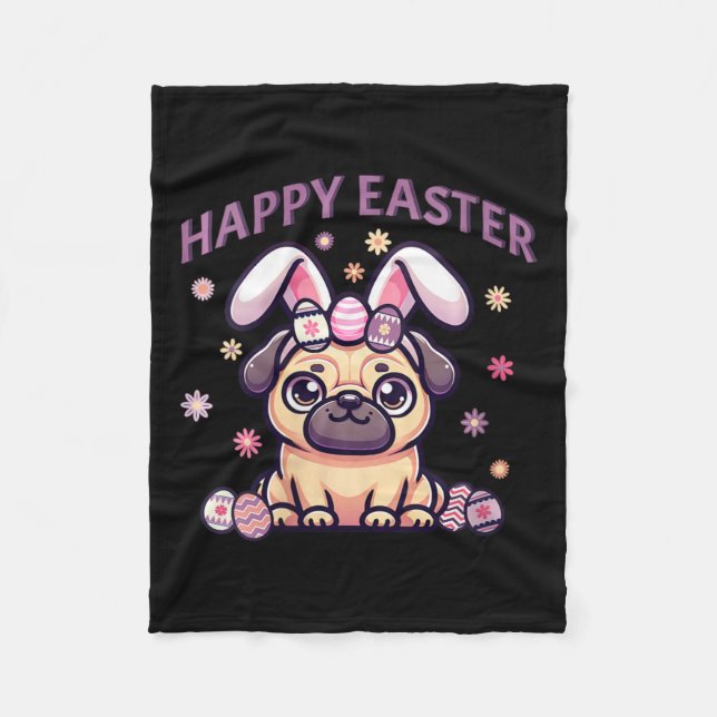Easter Pug Wearing Bunny Ears Happy Easter Day Wom Fleece Blanket (Front)