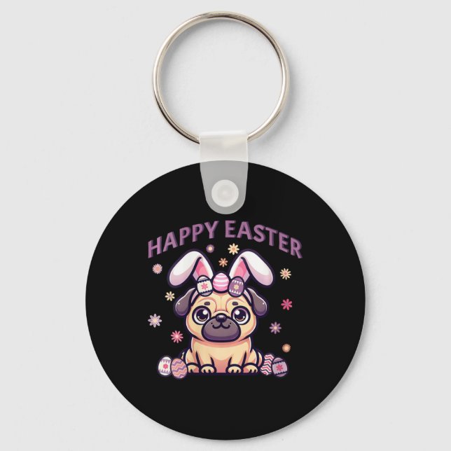 Easter Pug Wearing Bunny Ears Happy Easter Day Wom Keychain (Front)