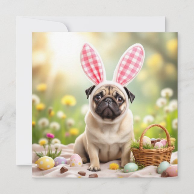 Easter Pug with Bunny Ears Holiday Card (Front)