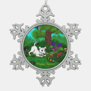 Easter - Puppy Capo and Butterfly Snowflake Pewter Christmas Ornament