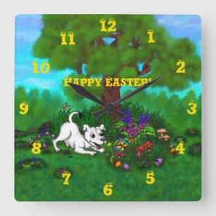 Easter - Puppy Capo and Butterfly Square Wall Clock