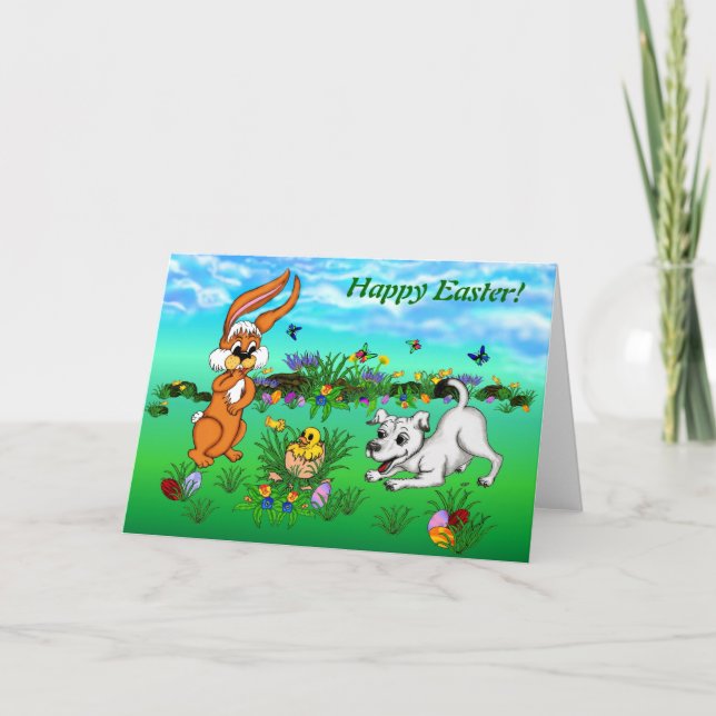 Easter - Puppy Capo with Rabbit and Chick Holiday Card (Front)