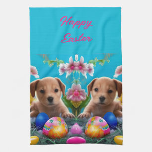 Easter Puppy Flowers and Eggs Apron Kitchen Towel