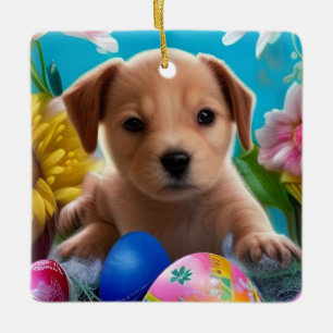Easter Puppy Flowers and Eggs Holiday  Ceramic Ornament
