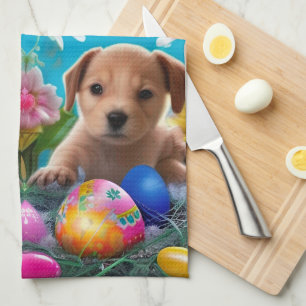 Easter Puppy Flowers and Eggs  Kitchen Towel