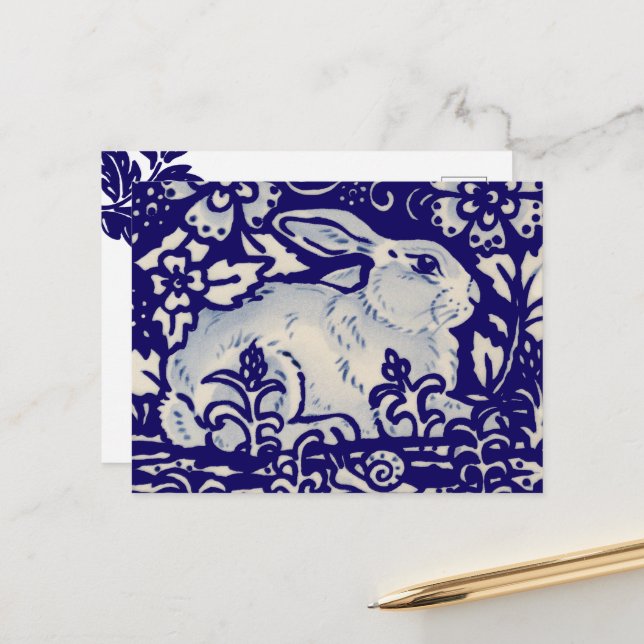 Easter Rabbit Artistic Bunny  Blue White Floral Holiday Postcard (Front/Back In Situ)