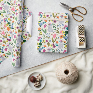 Easter rabbit bunny grey floral pattern wrapping paper