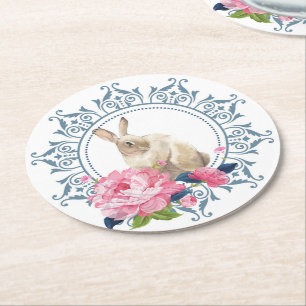 Easter Rabbit Floral design Round Paper Coaster