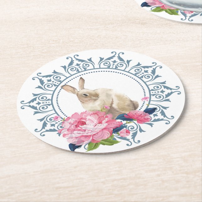 Easter Rabbit Floral design Round Paper Coaster (Angled)