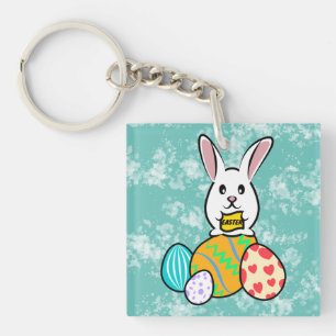 Easter Rabbit Holding a Banner on Easter Eggs Keychain