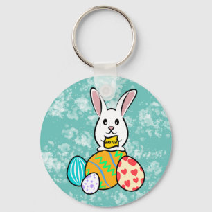 Easter Rabbit Holding a Banner on Easter Eggs Keychain