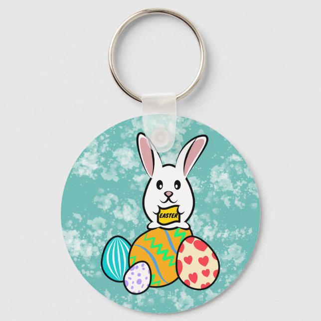 Easter Rabbit Holding a Banner on Easter Eggs Keychain (Front)