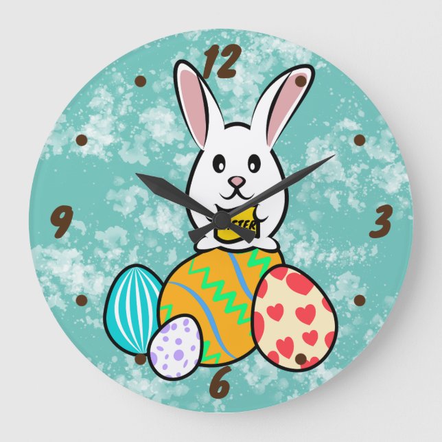 Easter Rabbit Holding a Banner on Easter Eggs Large Clock (Front)