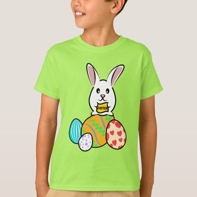 Easter Rabbit Holding a Banner on Easter Eggs T-Shirt (Front)