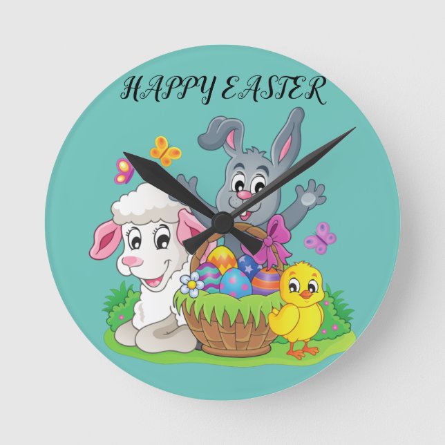 Easter rabbit, lamb & chick Acrylic clock. Round Clock (Front)