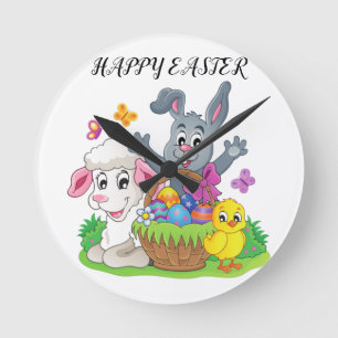 Easter rabbit, lamb & chick Acrylic clock. Round Clock