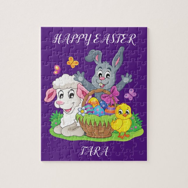 Easter rabbit, lamb & chick puzzle personalized. (Vertical)