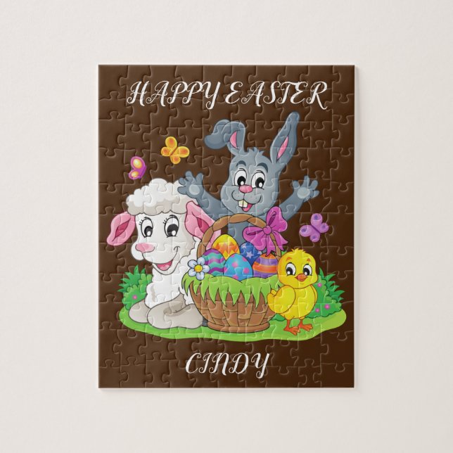Easter rabbit, lamb & chick puzzle personalized. (Vertical)