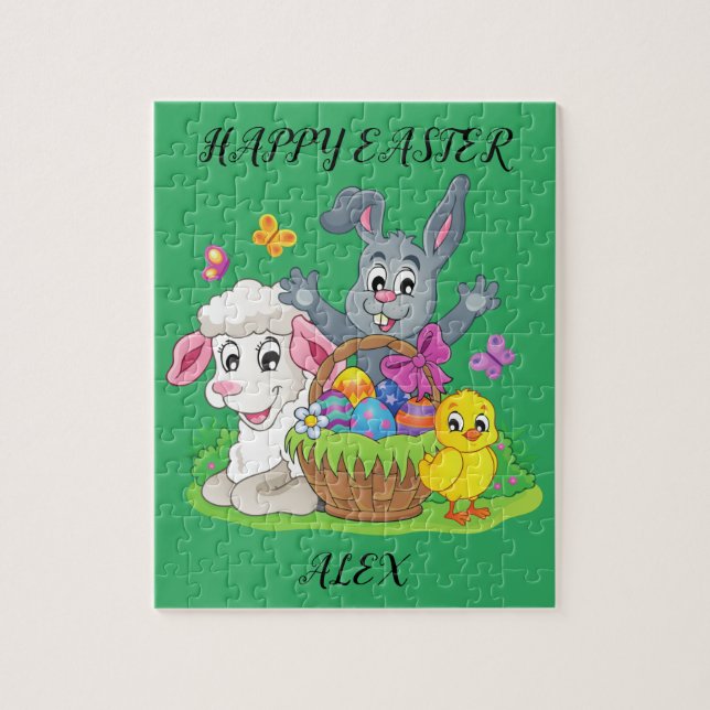 Easter rabbit, lamb & chick puzzle personalized. (Vertical)