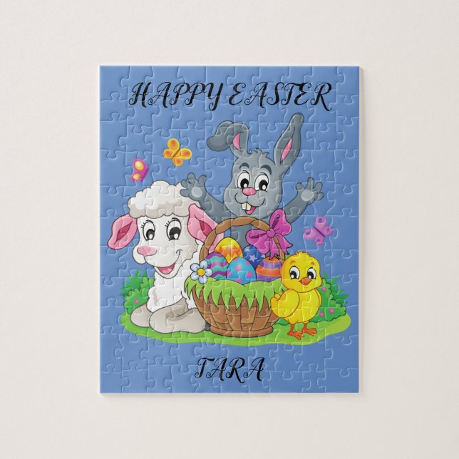 Easter rabbit, lamb & chick puzzle personalized. (Vertical)