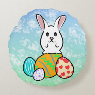 Easter Rabbit on Easter Eggs Round Pillow
