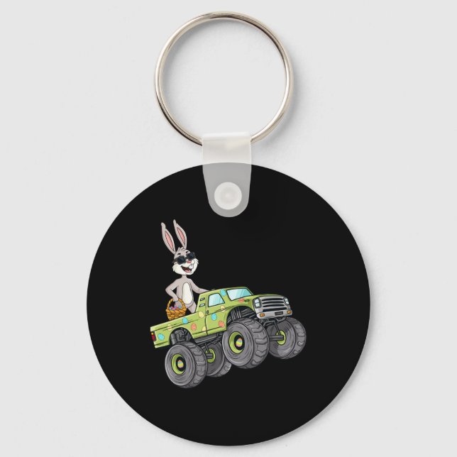 Easter Rabbit Riding Monster Truck Fun Boys Girls  Keychain (Front)