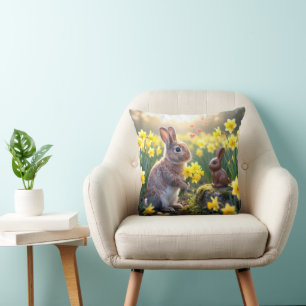 Easter Rabbit with Daffodils  Throw Pillow